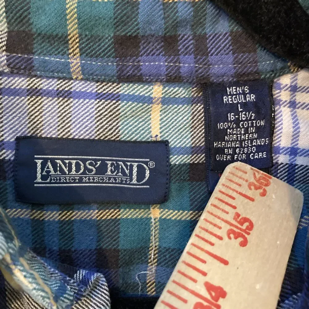 Vintage Lands End Mens L 16-16.5  Regular Cotton Blue Plaid Button Down Shirt
